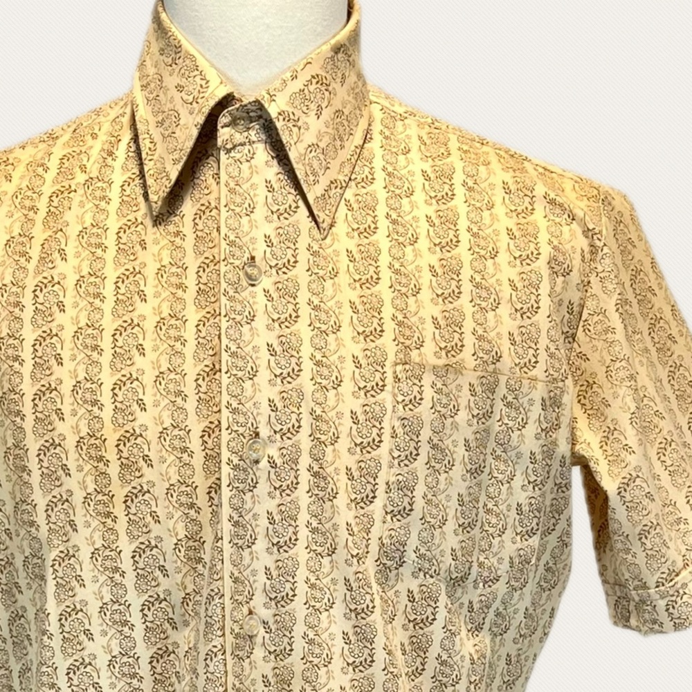 VINTAGE Montgomery Ward 70s men’s button down shirt short sleeve floral neutral - Picture 4 of 11